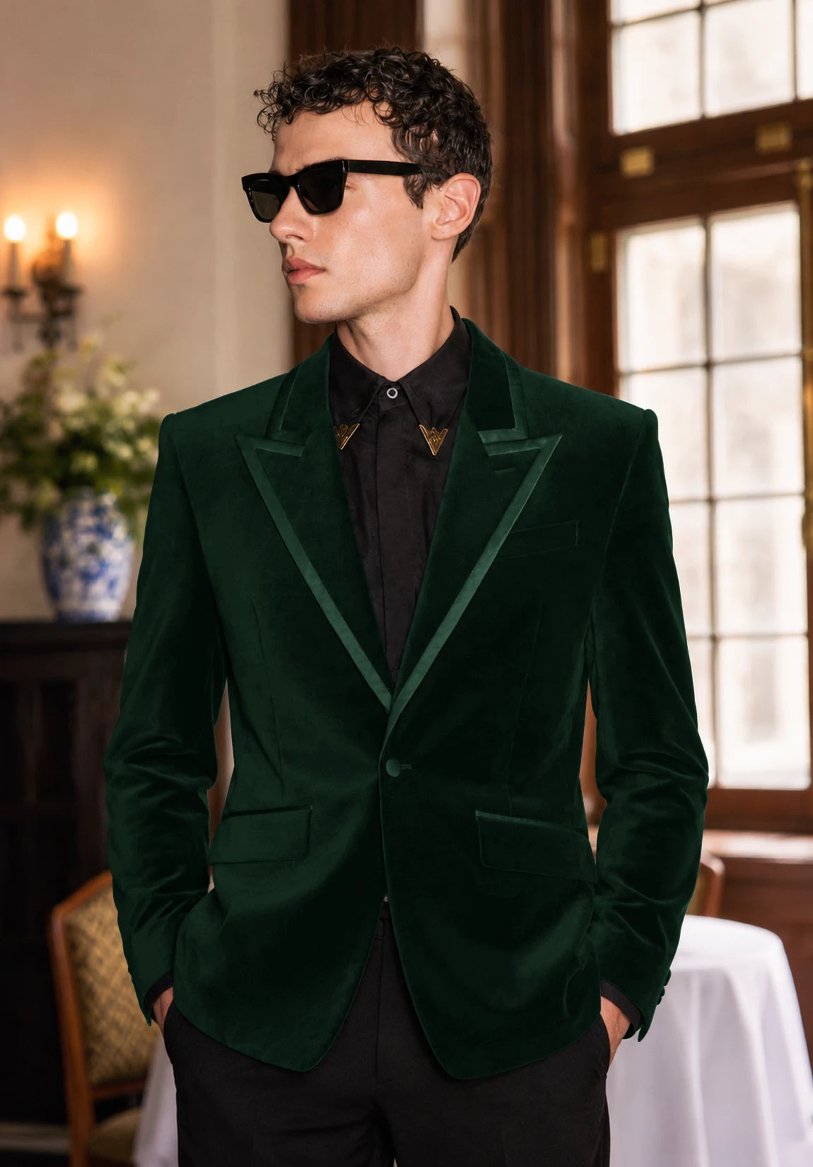 Men's dark green velvet jacket