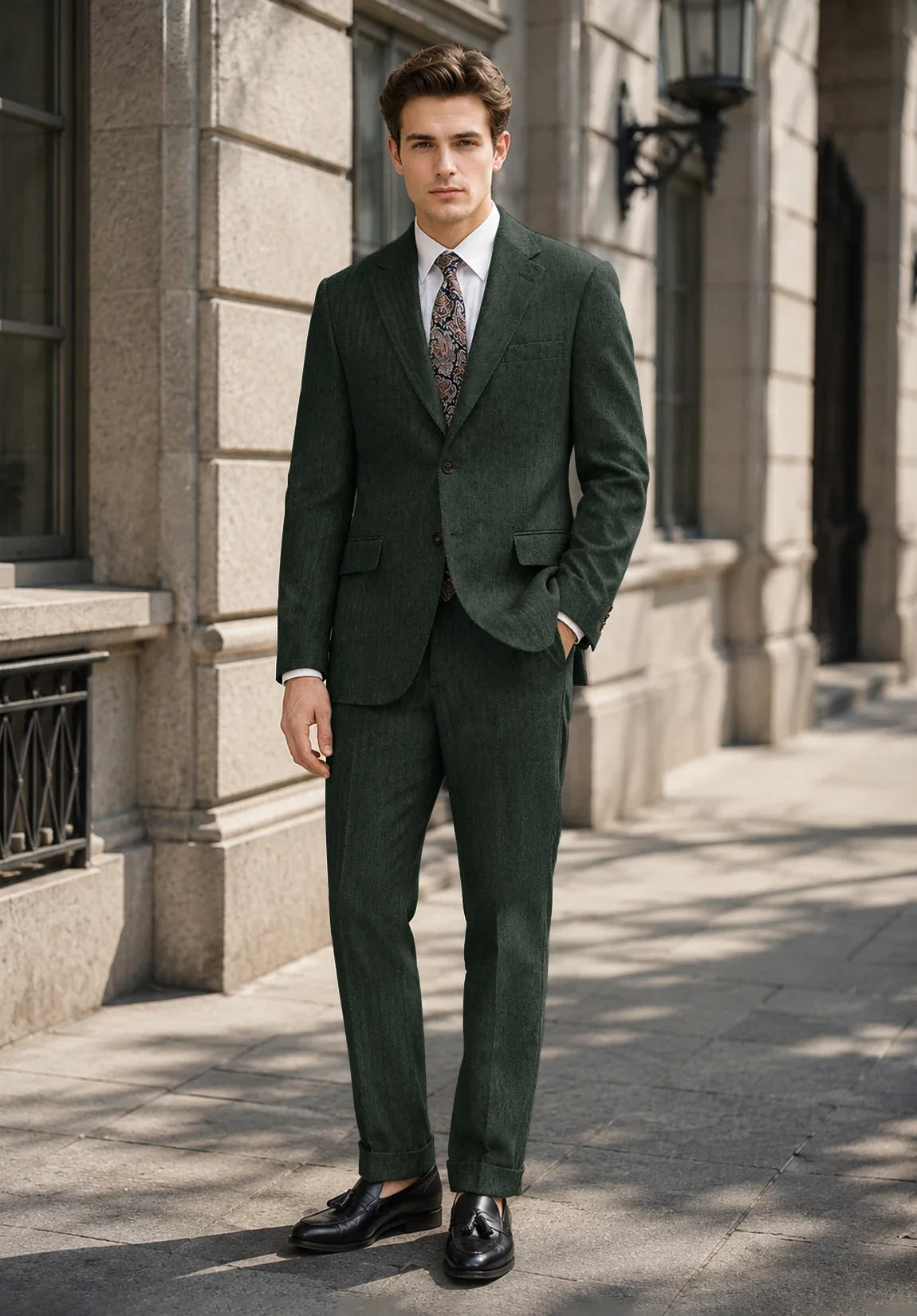 Men's Modern Fit Premium Herringbone 2 Piece Suit for Business Meetings