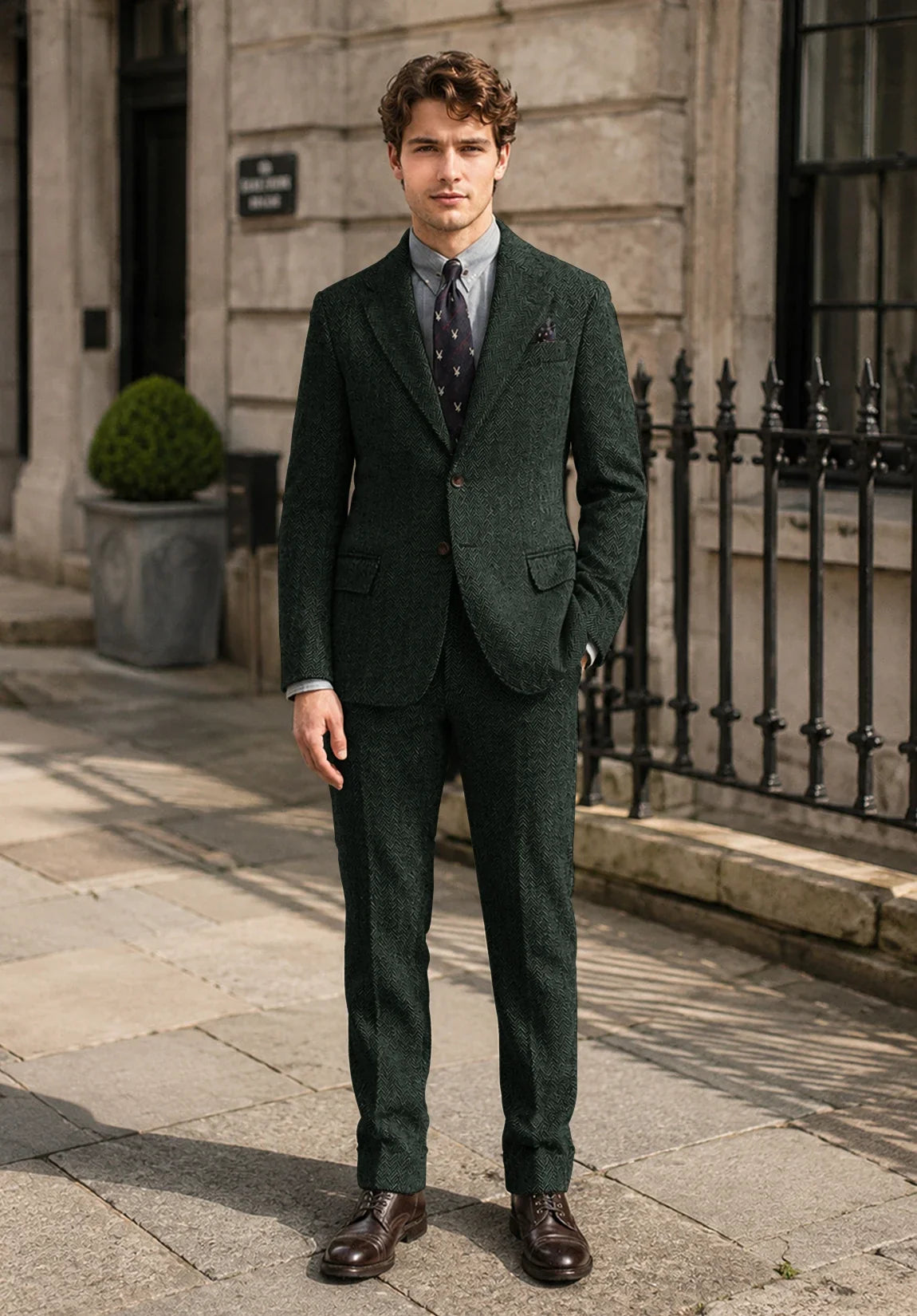 Men's Slim Fit Premium Herringbone 2 Piece Suit for Formal Events