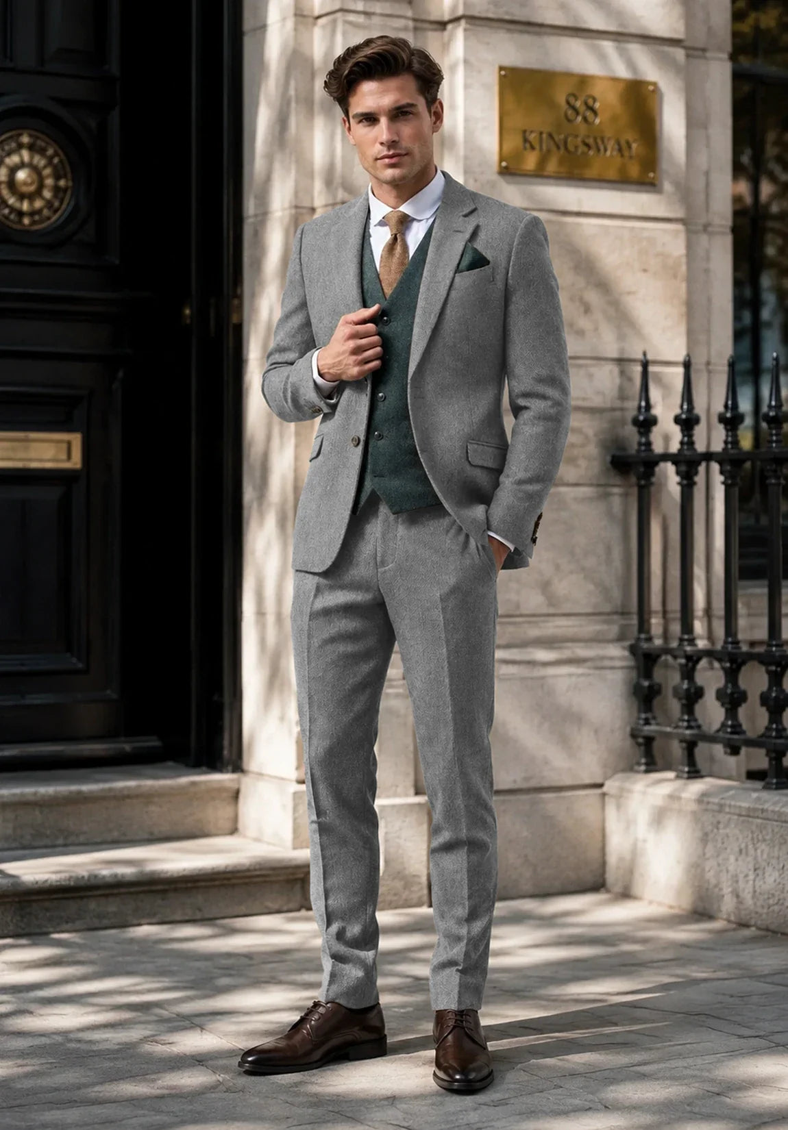 Men's Slim Fit Premium Herringbone 2 Piece Suit for Office