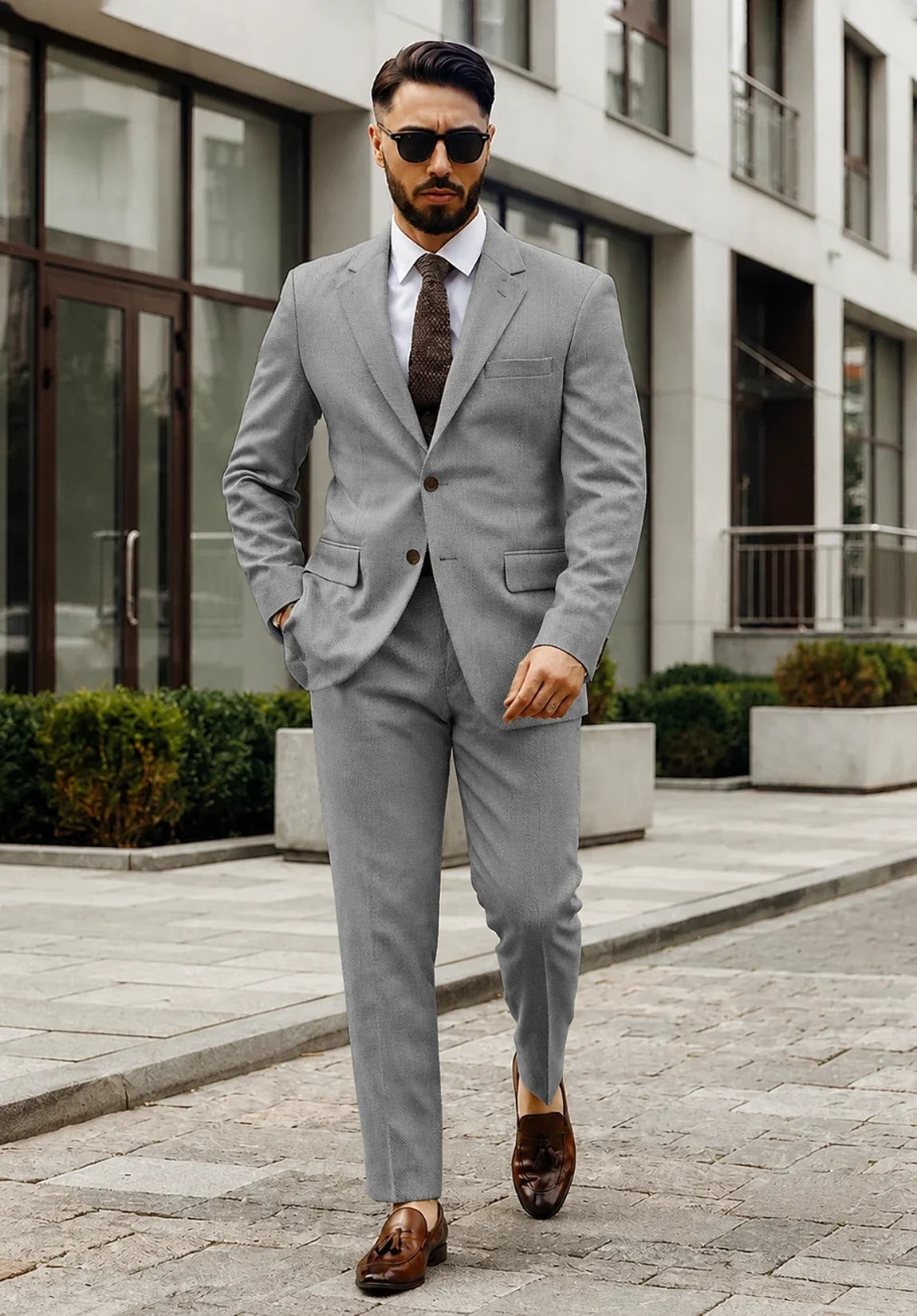 Men's Regular Fit Textured Herringbone 2 Piece Suit for Business