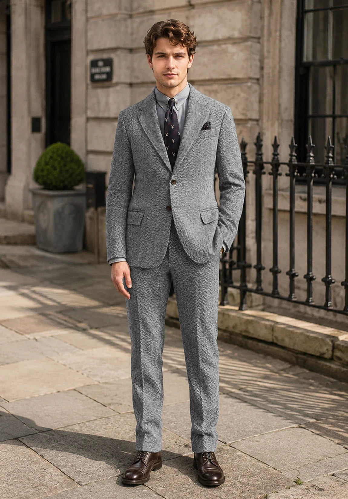 Men's Slim Fit Premium Herringbone 2 Piece Suit for Formal Events