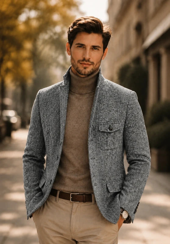 Men's herringbone tweed blazer, grey wool-blend fabric classic-fit close-up fabric and pocket detail