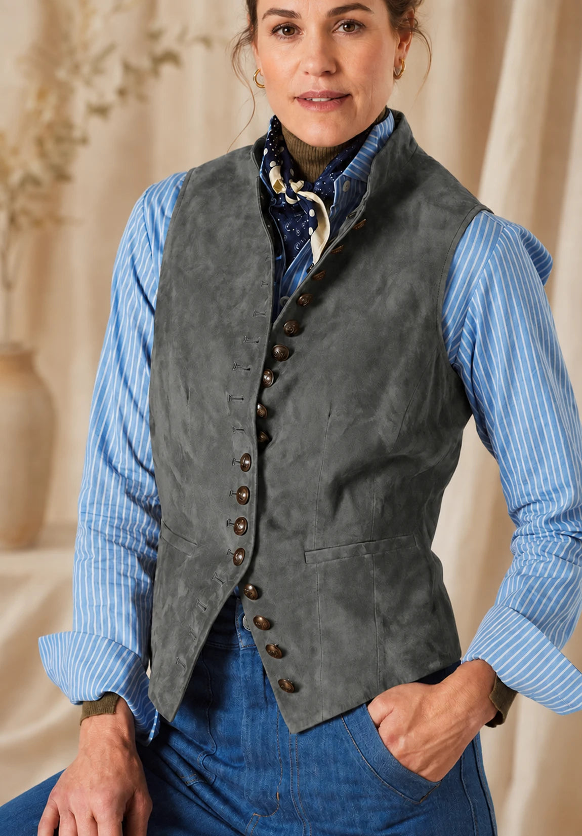 Women's Suit Vest  Grey  Suede  Front Styled Look