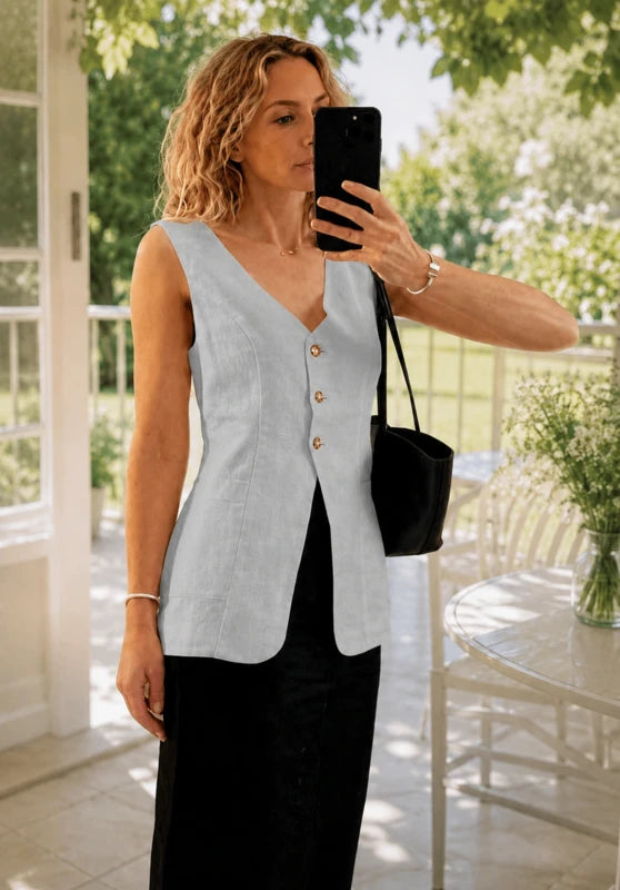 Women's Linen Vest Grey Front View