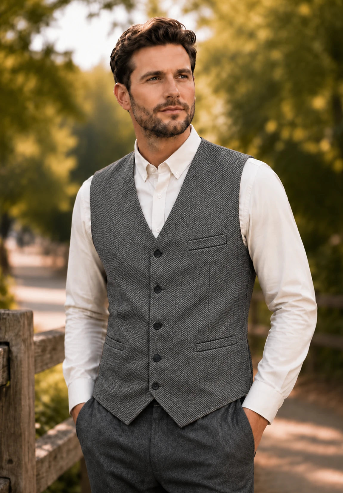 Men's Suit Vest + Grey + Herringbone + Front Styled Look