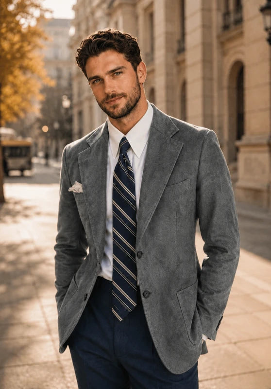Front view of men's suede blazer in dark grey