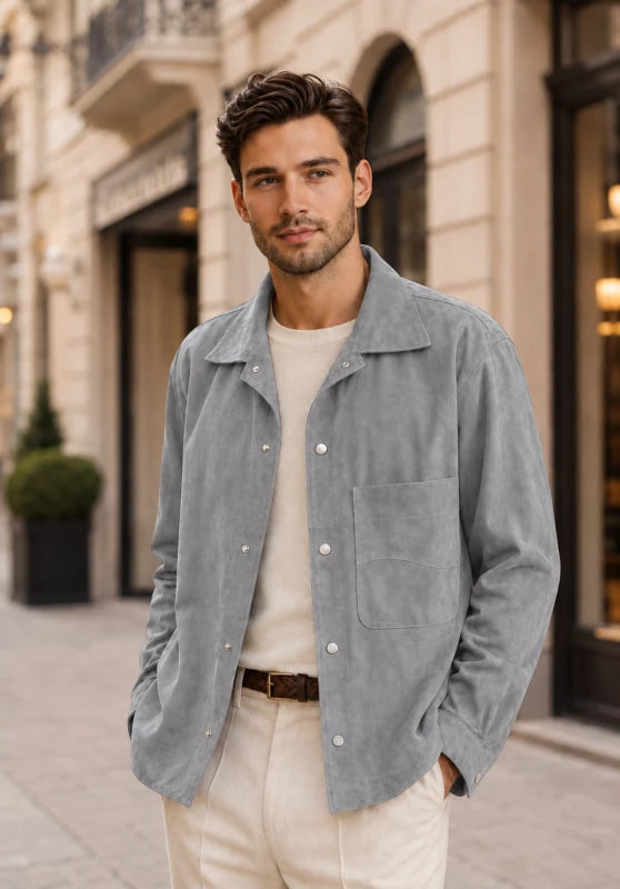 Front view of men's suede blazer in dark grey