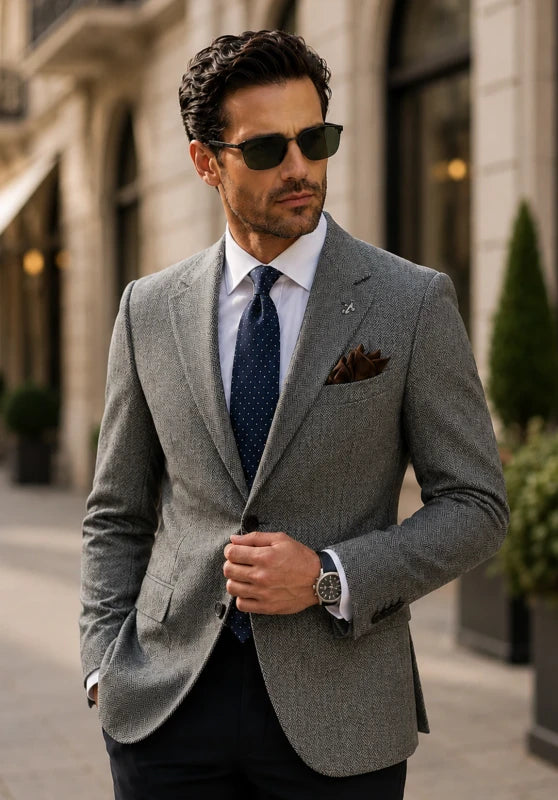 Front view of men's tweed blazer in grey color