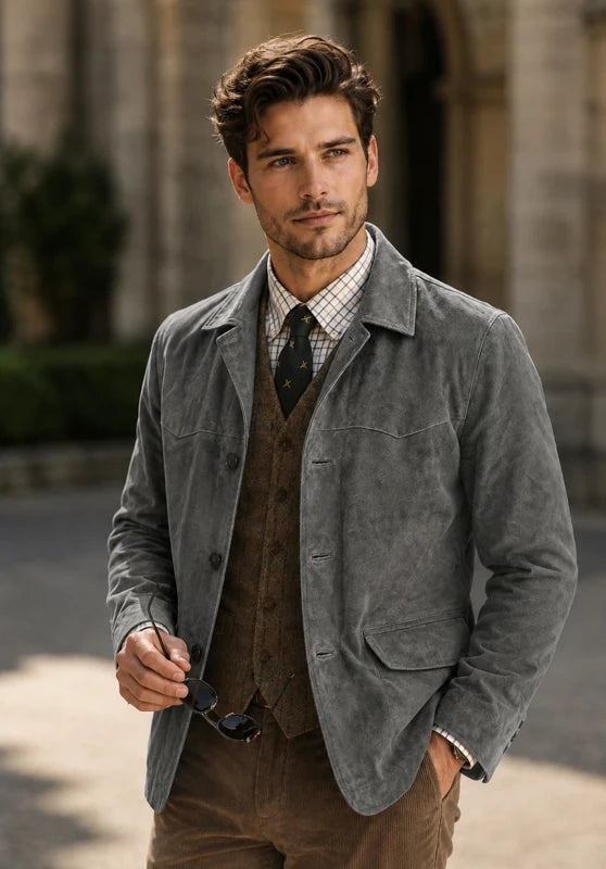 Men's suede blazer, grey soft suede slim-fit close-up fabric and pocket detail