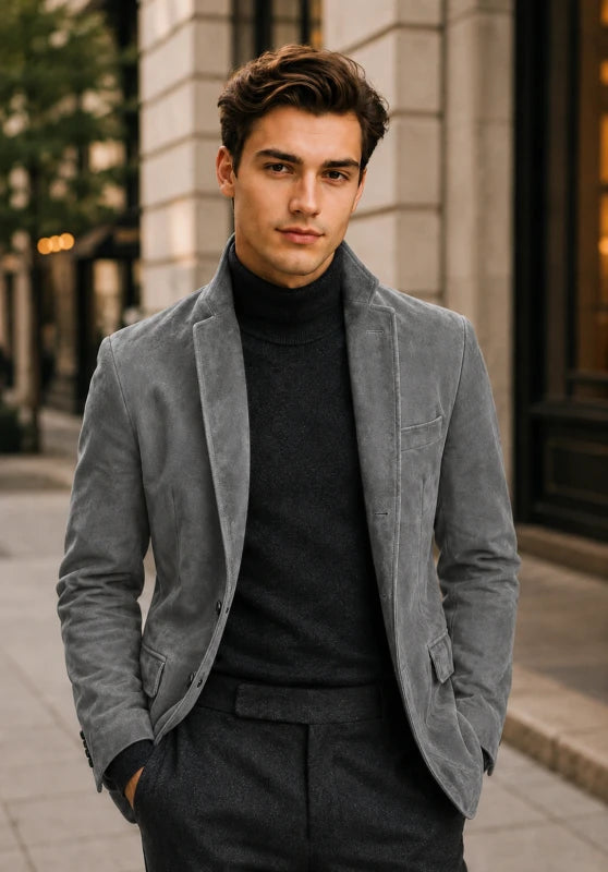 men's suede blazer in dark grey