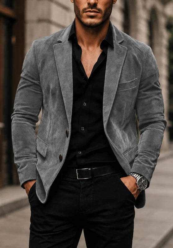 Men's suede blazer, grey soft suede slim-fit close-up fabric and pocket detail
