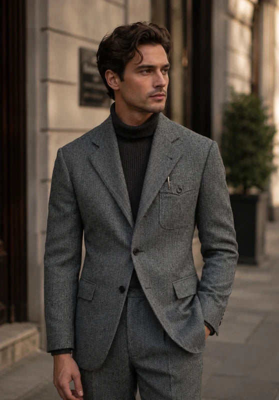 Men's herringbone tweed blazer, grey wool-blend fabric slim-fit close-up fabric and pocket detail