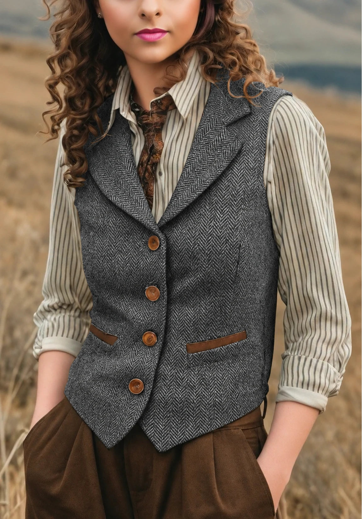 Women's Suit Vest Grey Herringbone Front Styled Look