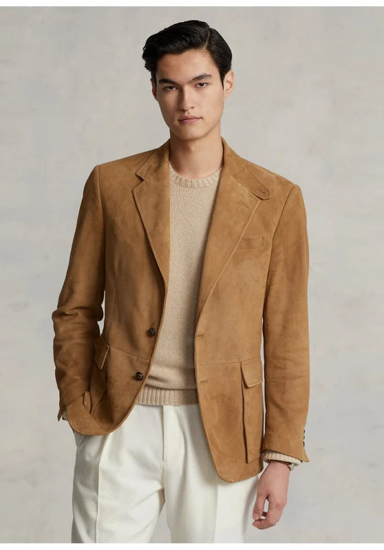 Front view of men's suede blazer in khaki