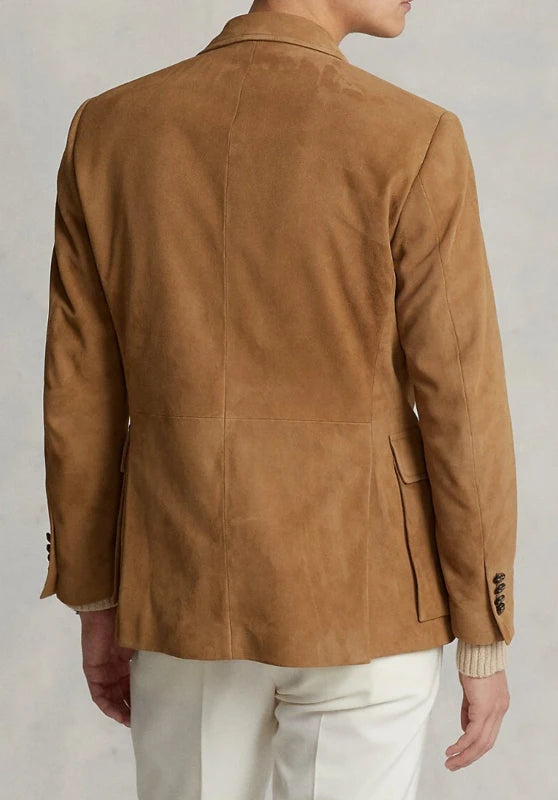 Back view of men's suede blazer in khaki