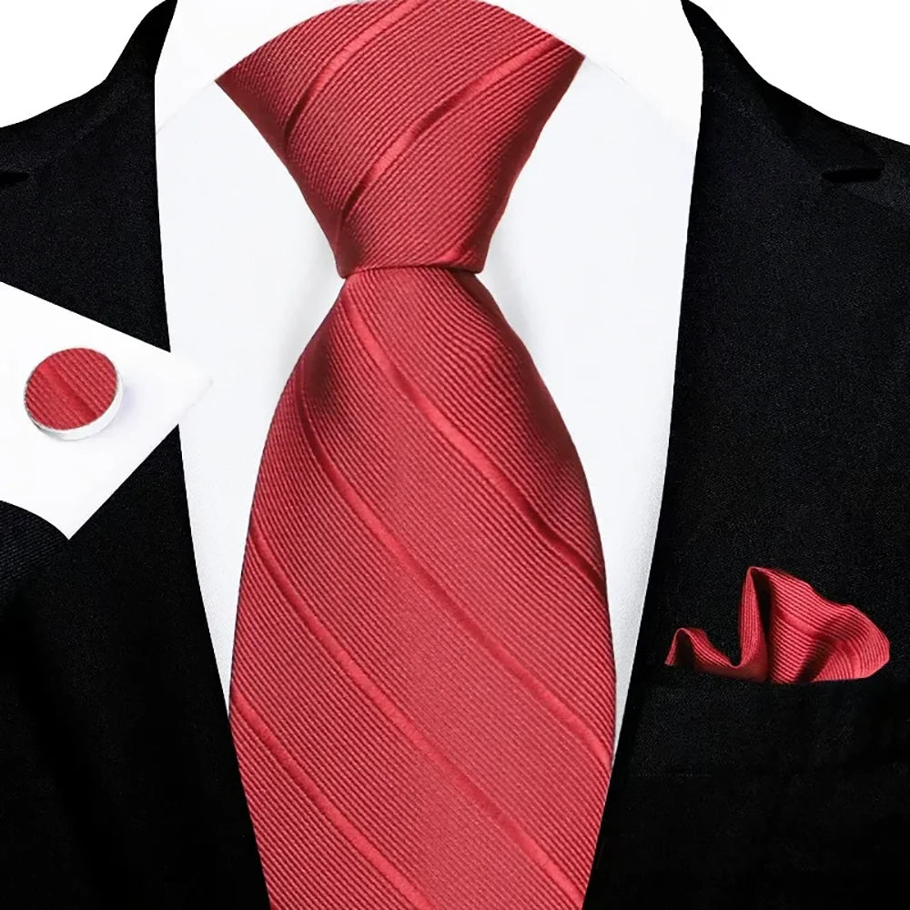 Men's Red Diagonal Stripe Tie Set with Pocket Square & Cufflinks