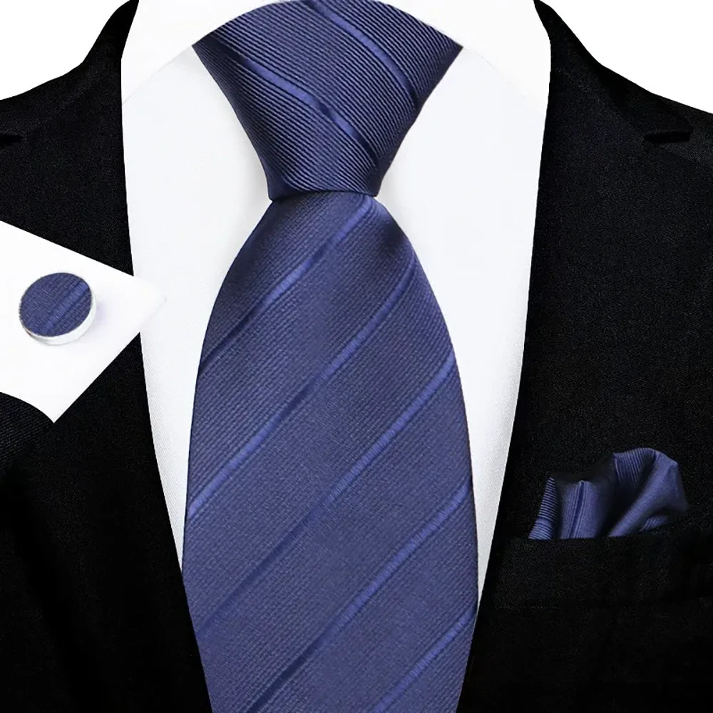 Men's Royal Blue Diagonal Stripe Tie Set with Pocket Square & Cufflinks