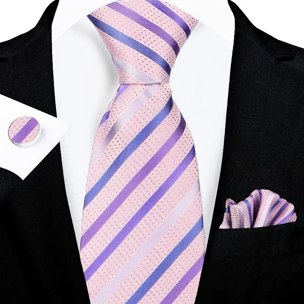 Men's Pink Purple Striped Tie Set with Pocket Square & Cufflinks