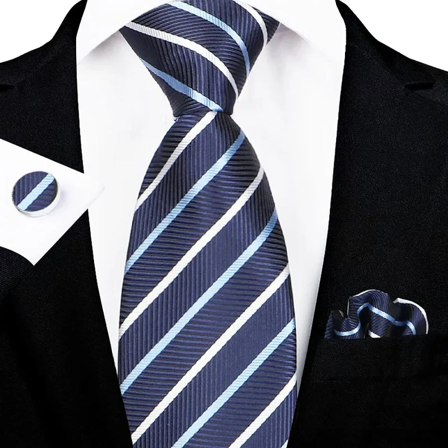 Men's Navy Blue White Striped Tie Set with Pocket Square & Cufflinks