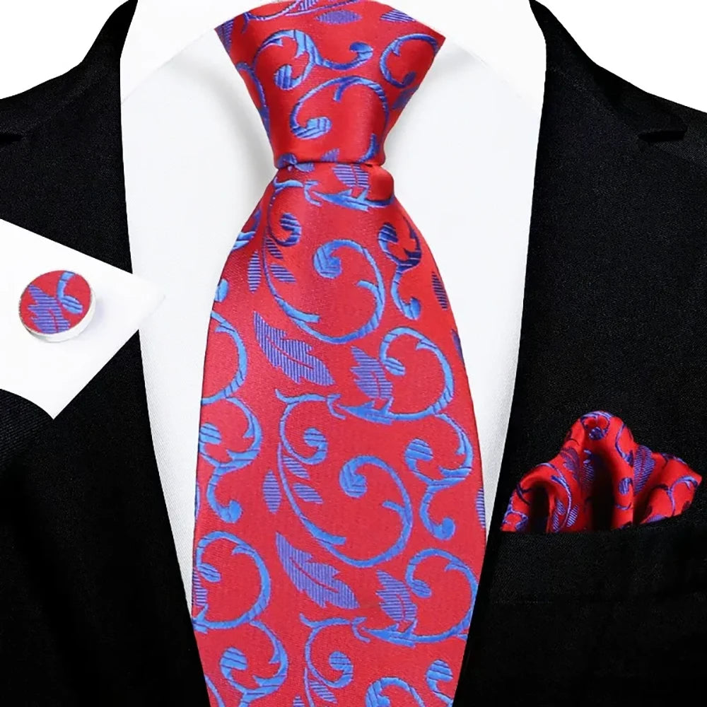 Men's Red Paisley Tie Set with Pocket Square & Cufflinks