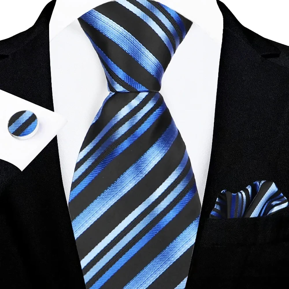 Men's Black Blue Striped Tie Set with Pocket Square & Cufflinks