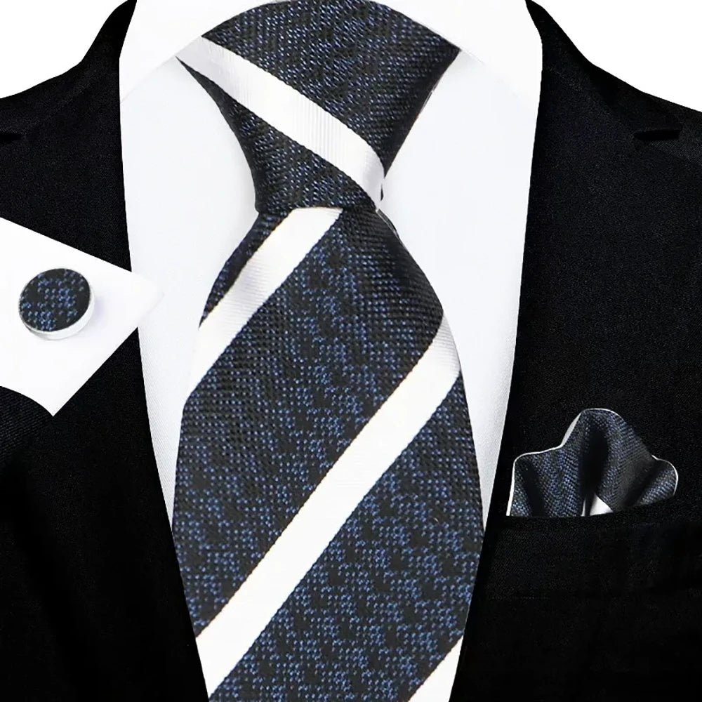 Men's Black White Striped Tie Set with Pocket Square & Cufflinks