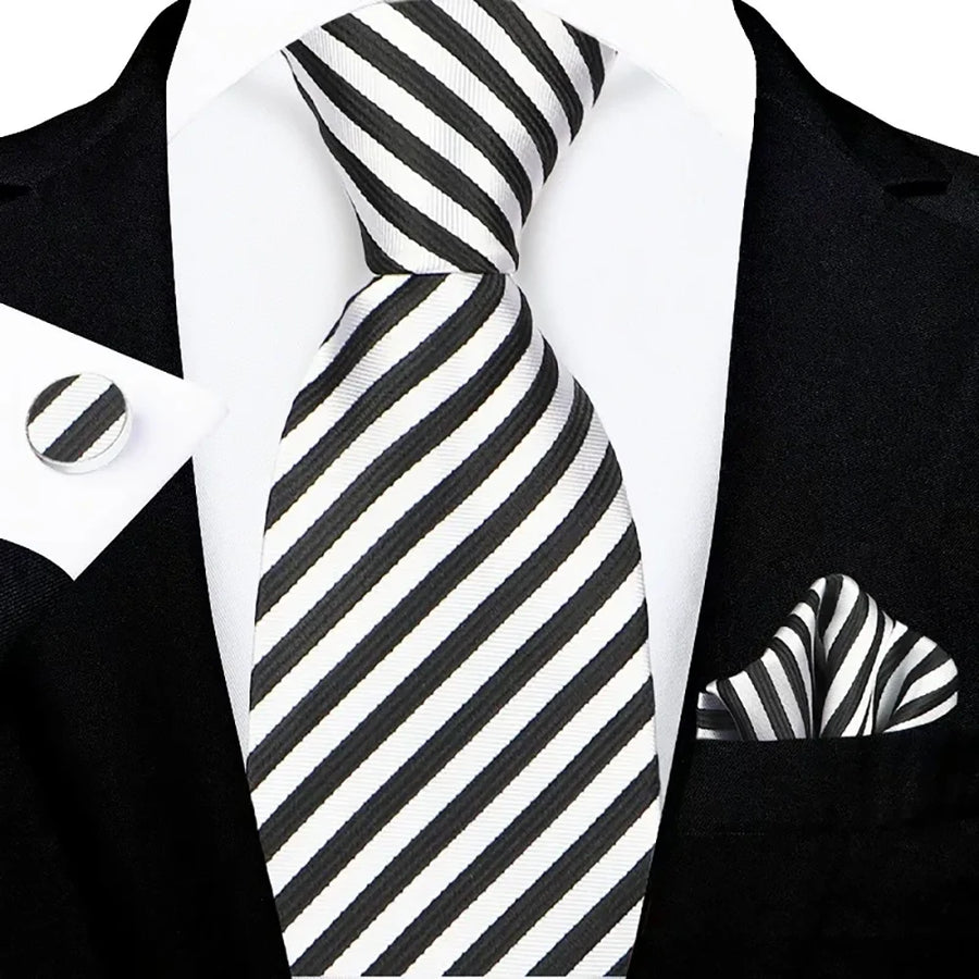 Men's Black White Bold Striped Tie Set with Pocket Square & Cufflinks