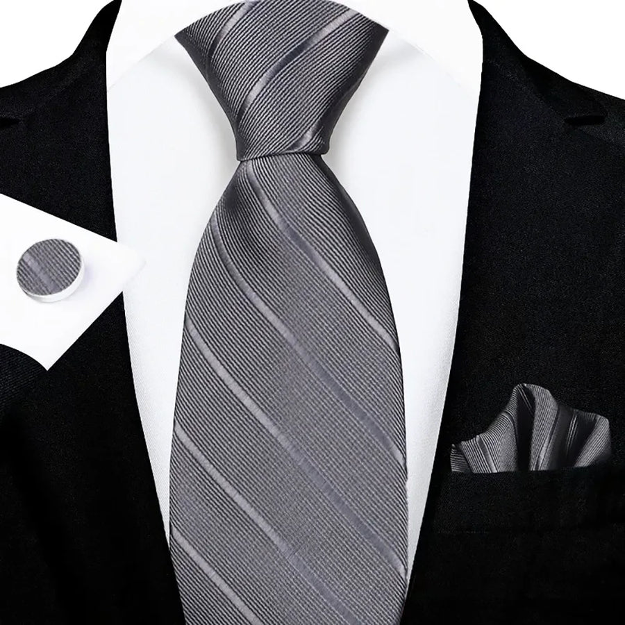 Men's Silver Gray Striped Tie Set with Pocket Square & Cufflinks