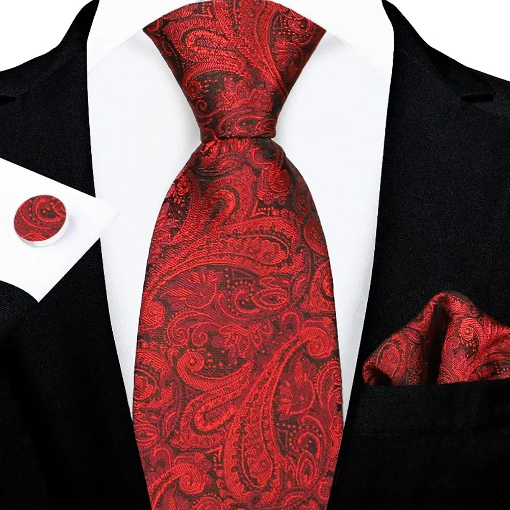 Men's Red Black Paisley Tie Set with Pocket Square & Cufflinks