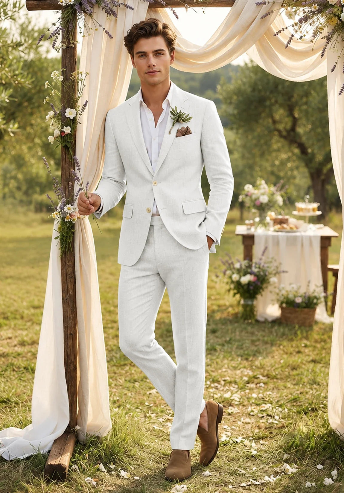 Men's Slim Fit Linen Blend 2 Piece Suit for Wedding