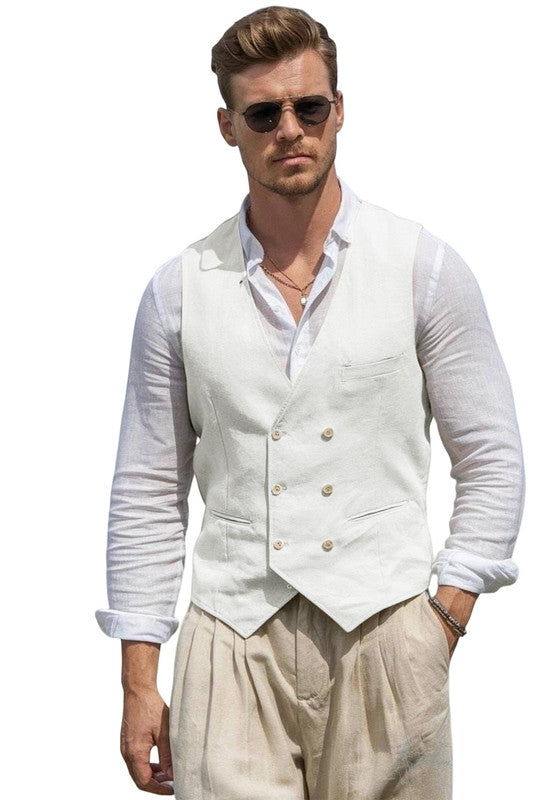 Mens Linen Suit Vest- Slim Fit Casual Dress Waistcoat