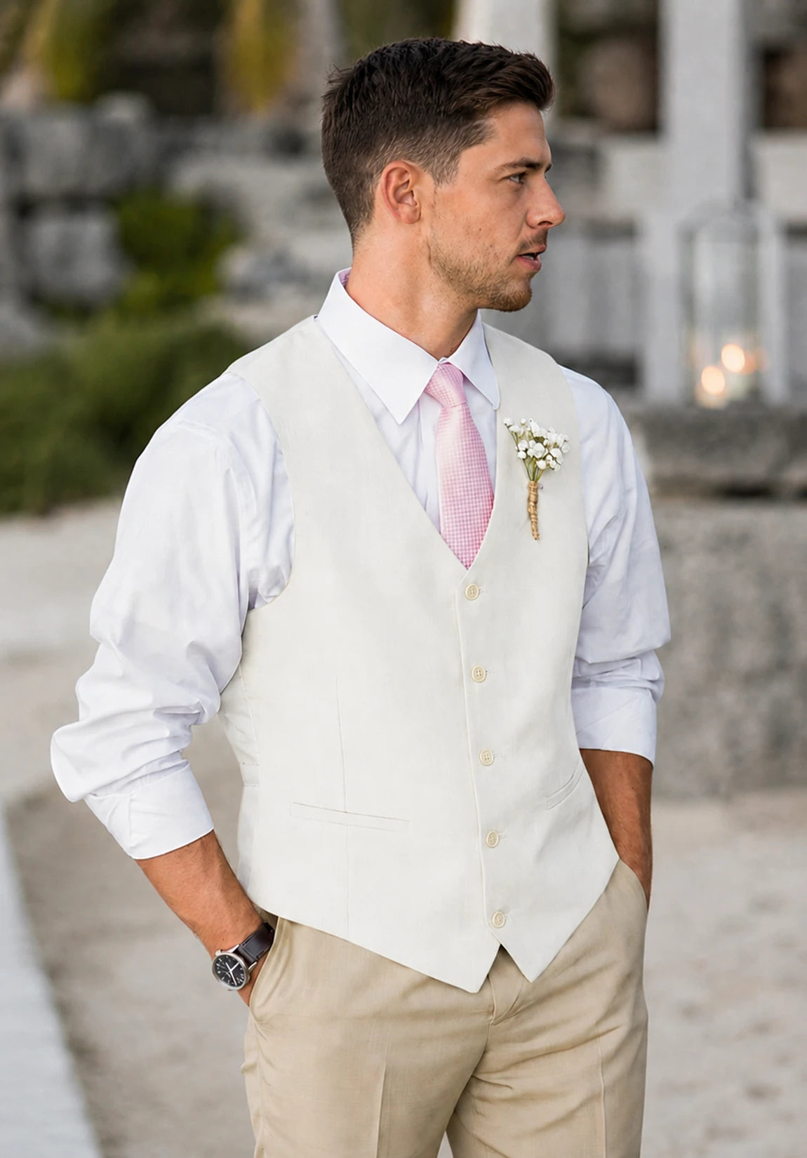 Men's Suit Vest + Ivory + Five-Button Design + Front Styled Look
