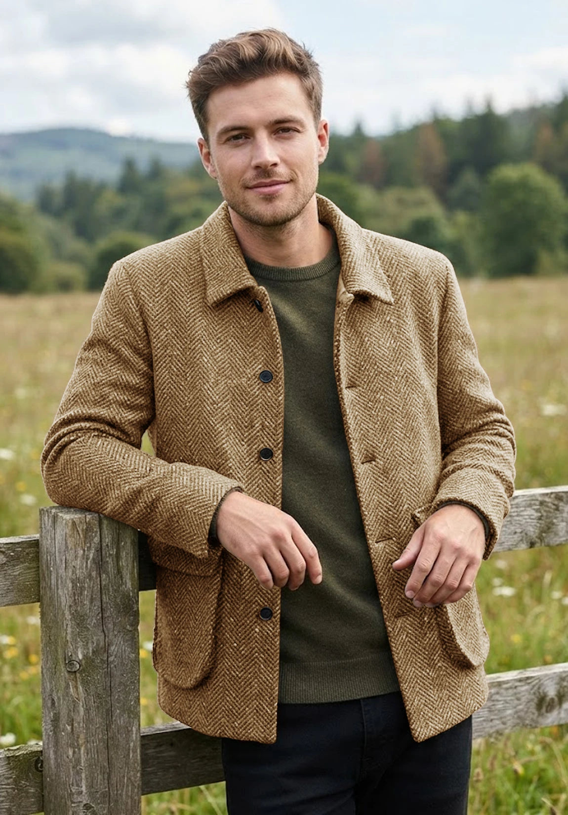 Men's khaki herringbone jacket