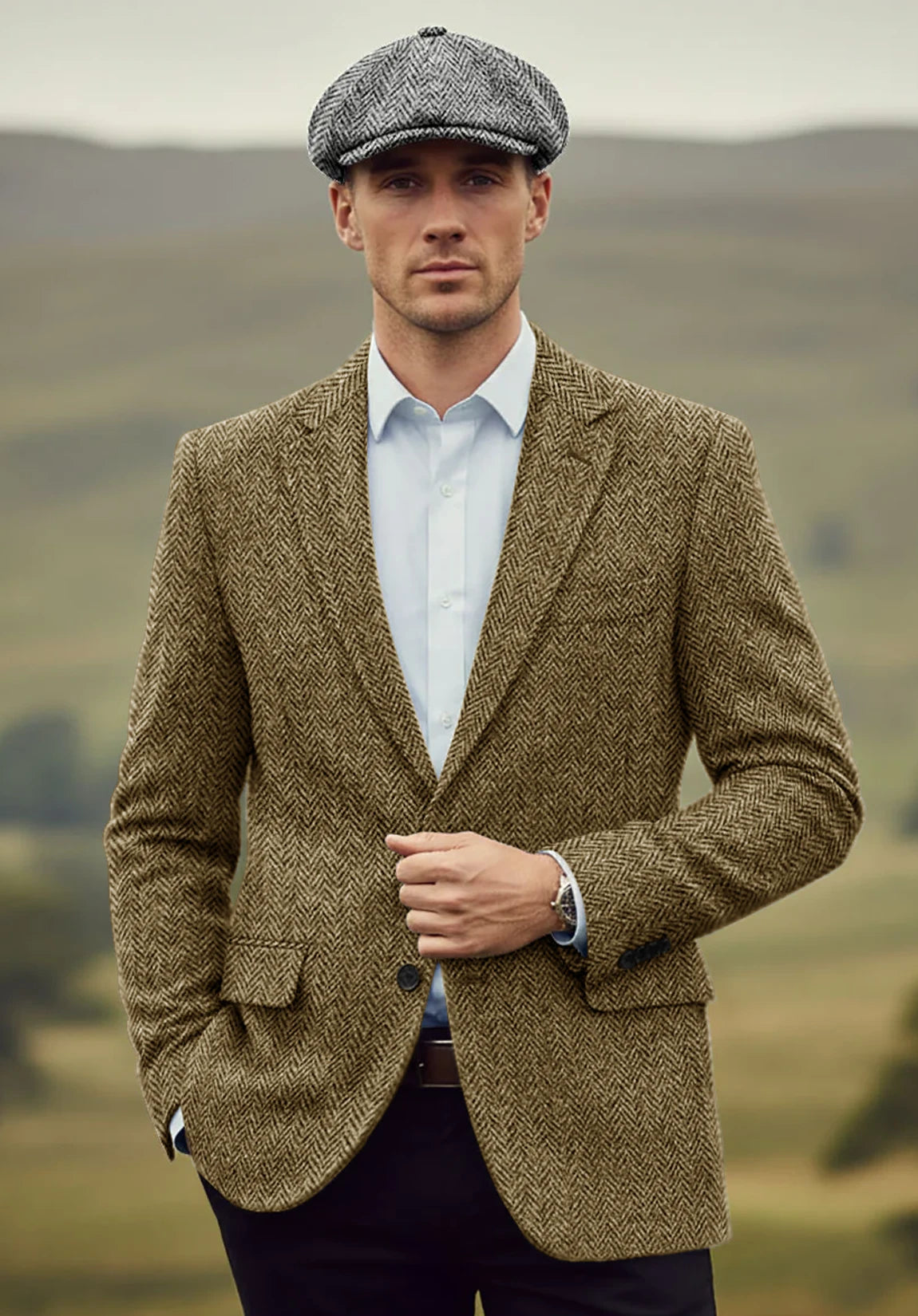 Men's khaki herringbone jacket