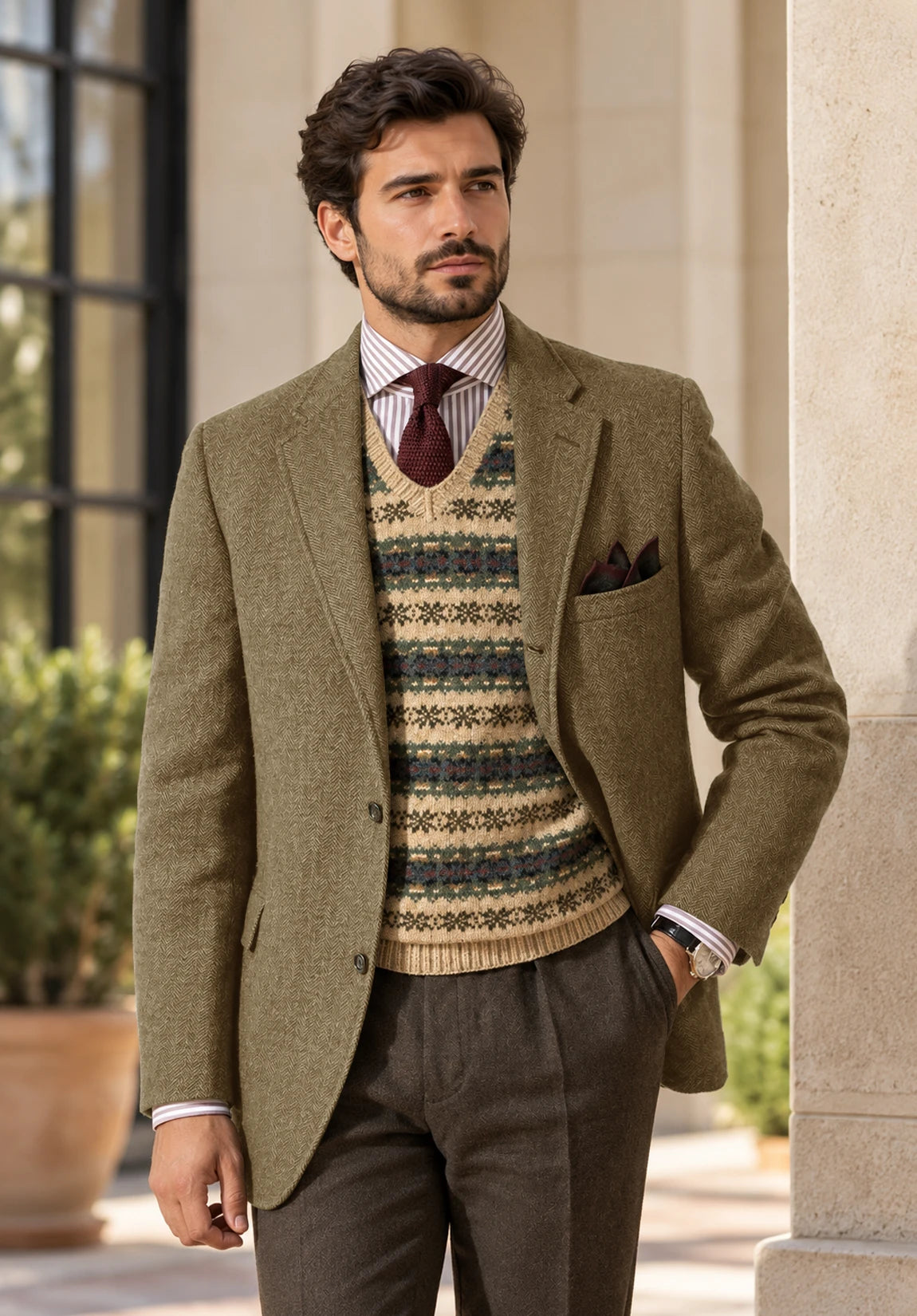 Men's khaki herringbone jacket