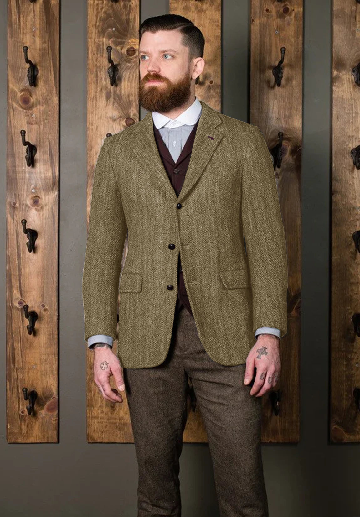 Men's khaki herringbone jacket