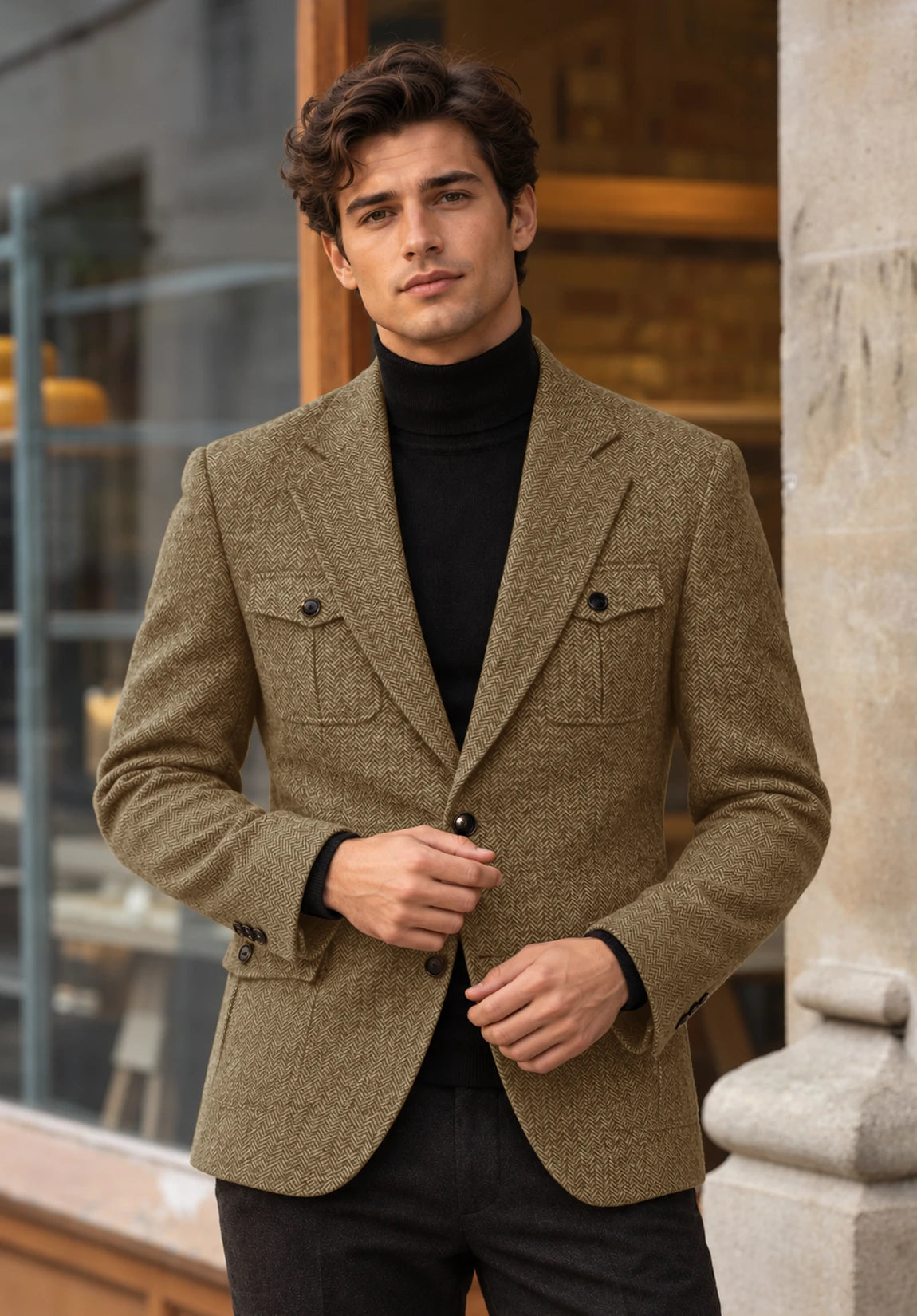 Men's khaki herringbone jacket
