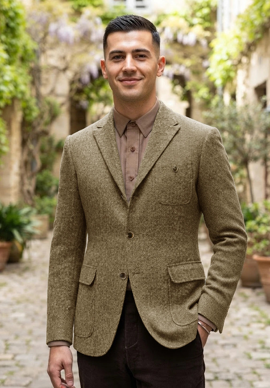 Men's khaki herringbone jacket