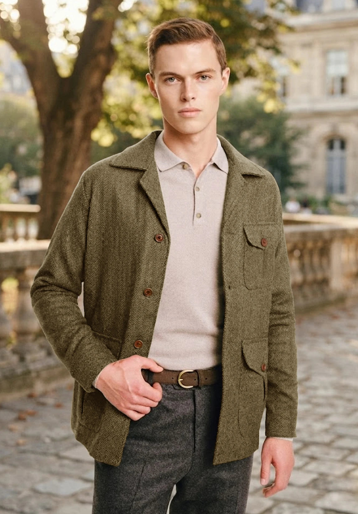 Men's khaki herringbone jacket
