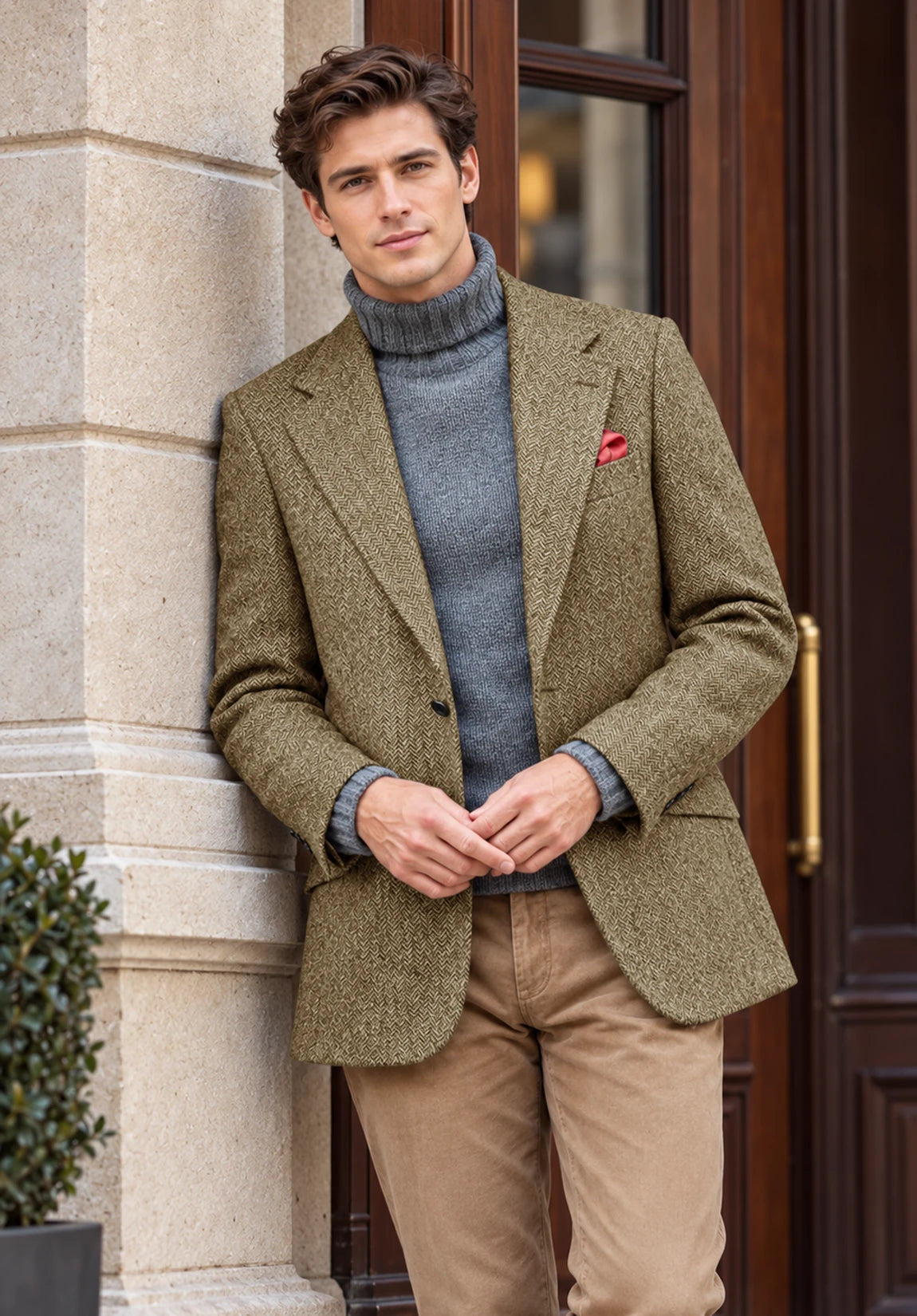 Men's khaki herringbone jacket