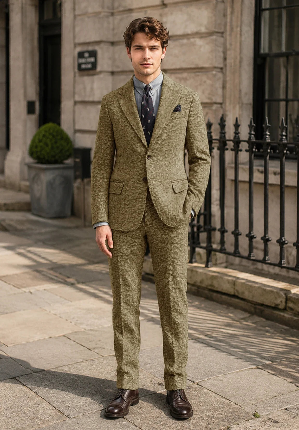 Men's Slim Fit Premium Herringbone 2 Piece Suit for Formal Events