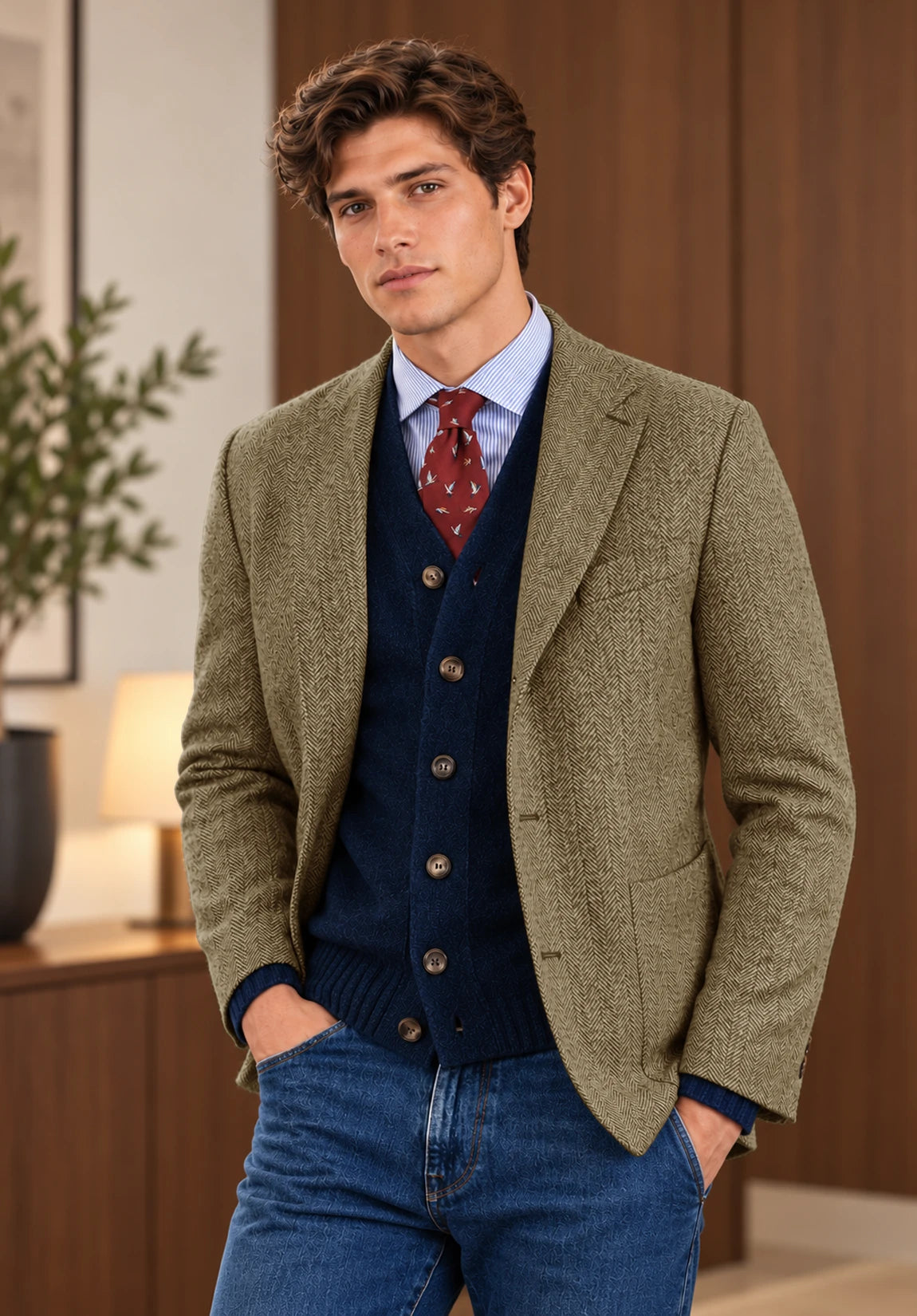 Men's khaki herringbone jacket
