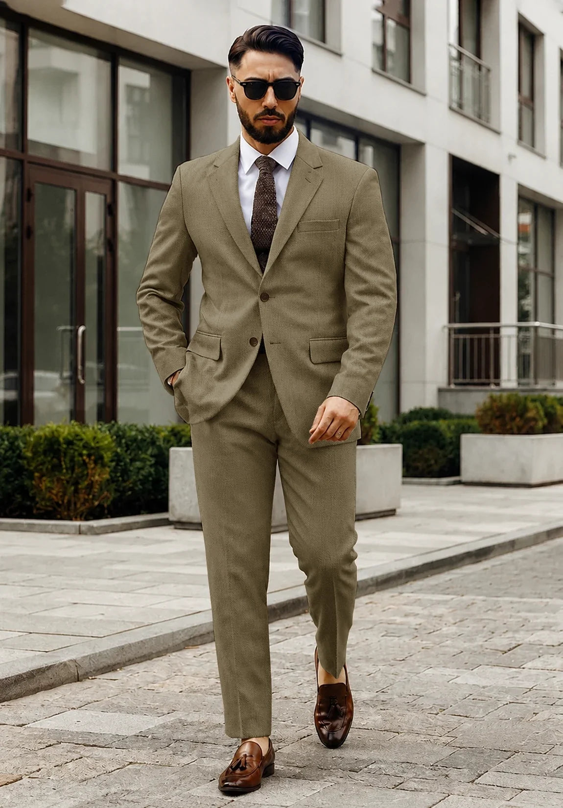 Men's Regular Fit Textured Herringbone 2 Piece Suit for Business