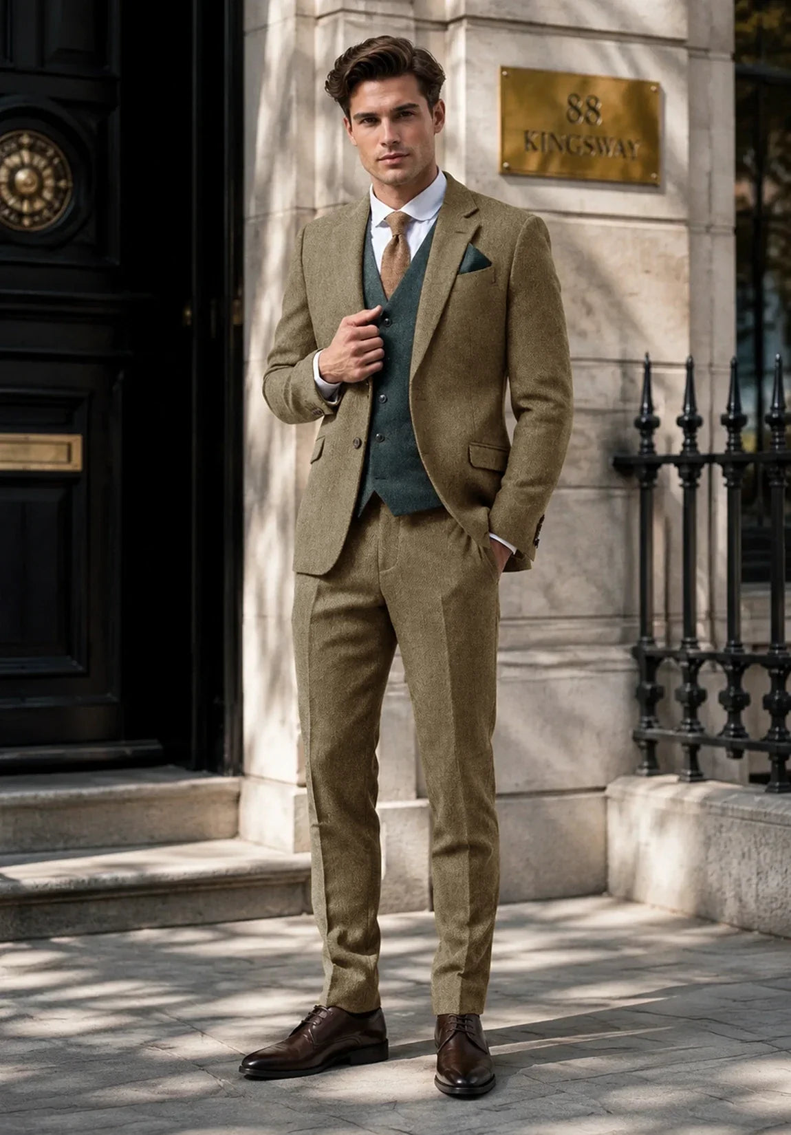 Men's Slim Fit Premium Herringbone 2 Piece Suit for Office