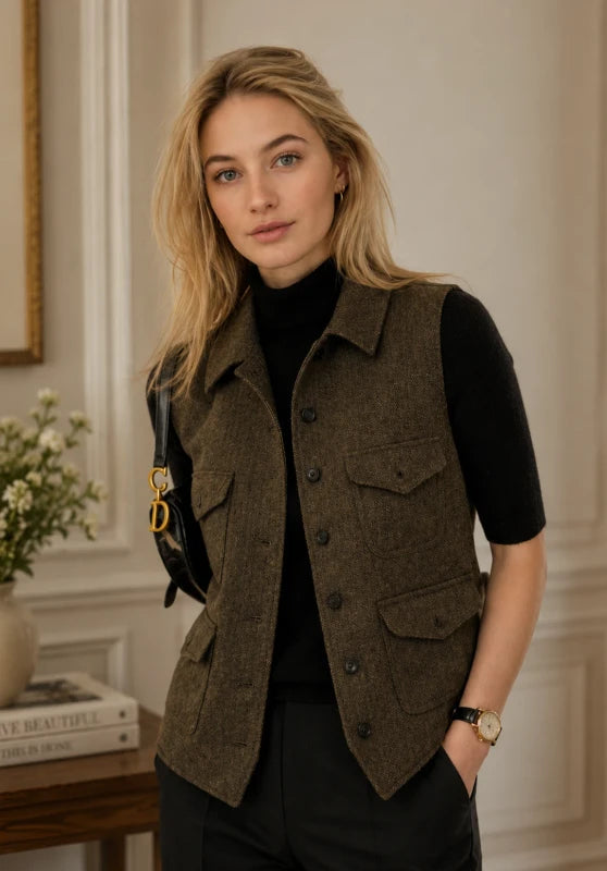 Women's khaki tweed vest
