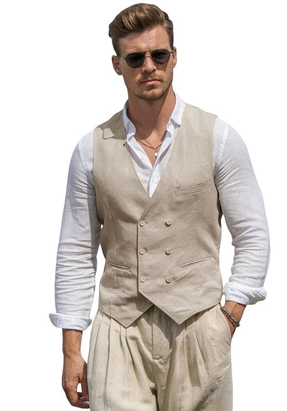 Mens Linen Suit Vest- Slim Fit Casual Dress Waistcoat
