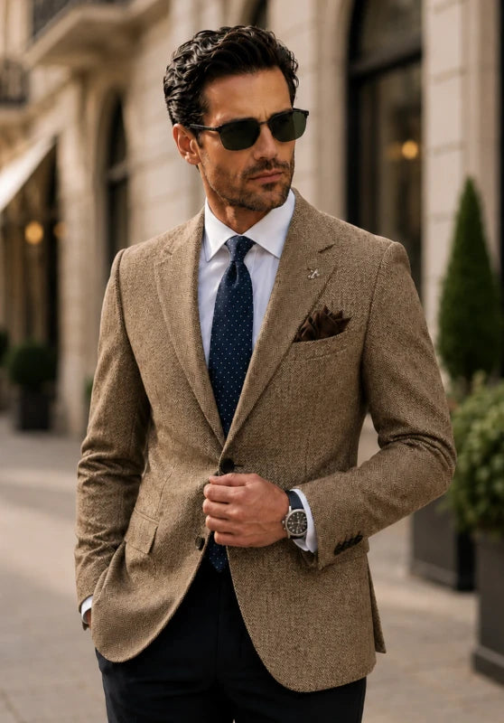 Front view of men's tweed blazer in khaki color