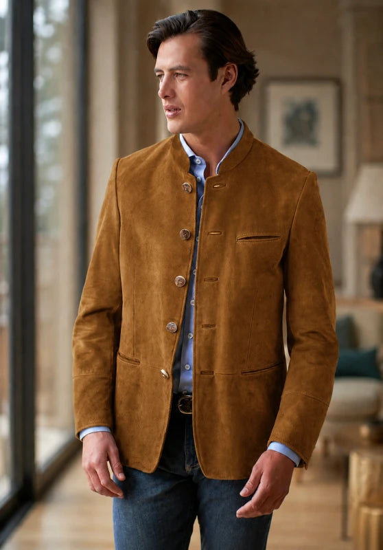Front view of men's suede blazer in khaki