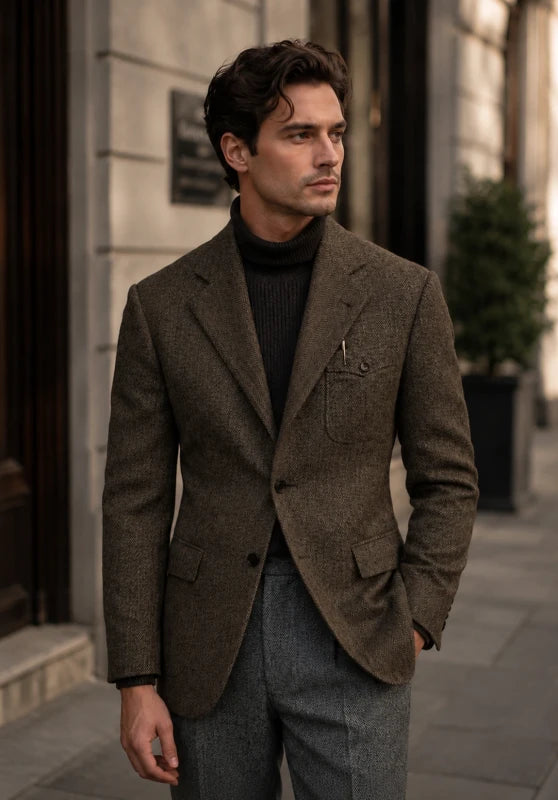 Men's herringbone tweed blazer, khaki wool-blend fabric slim-fit close-up fabric and pocket detail